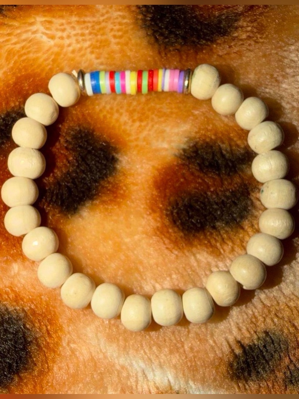 Kids Cream Beaded Stretch Bracelet with Rainbow Accent
